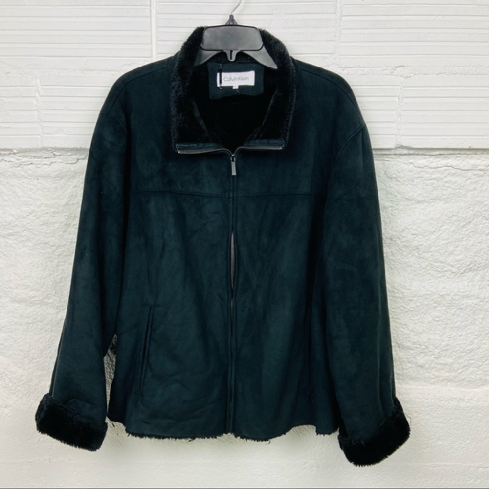 CALVIN KLEIN black vegan suede fur lined warm jacket size large